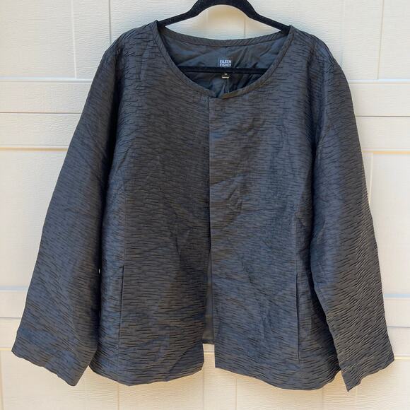 NWT Eileen Fisher Horizontal Pleated Silk Jacket Open Front Black Size 3X - Picture 2 of 10